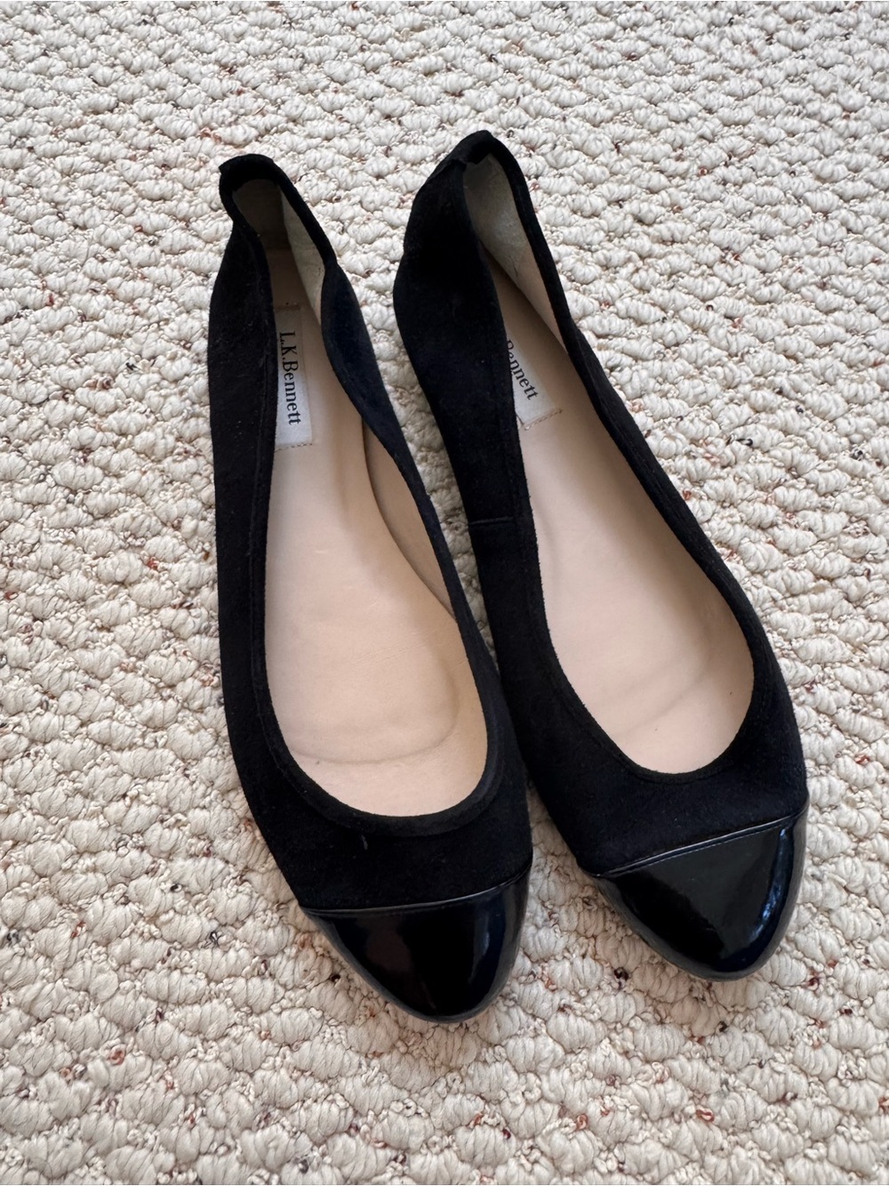 LK Bennett Black Suede Ballet Flats with Glossy Cap Toe